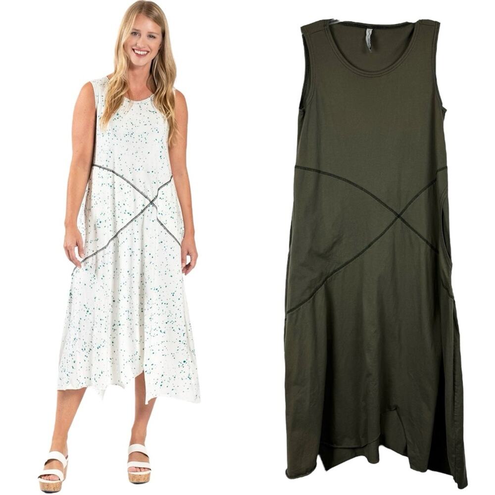 Cynthia Ashby Marin Lagenlook Oversized Sleeveless Shark Hem Midi Dress Green XS